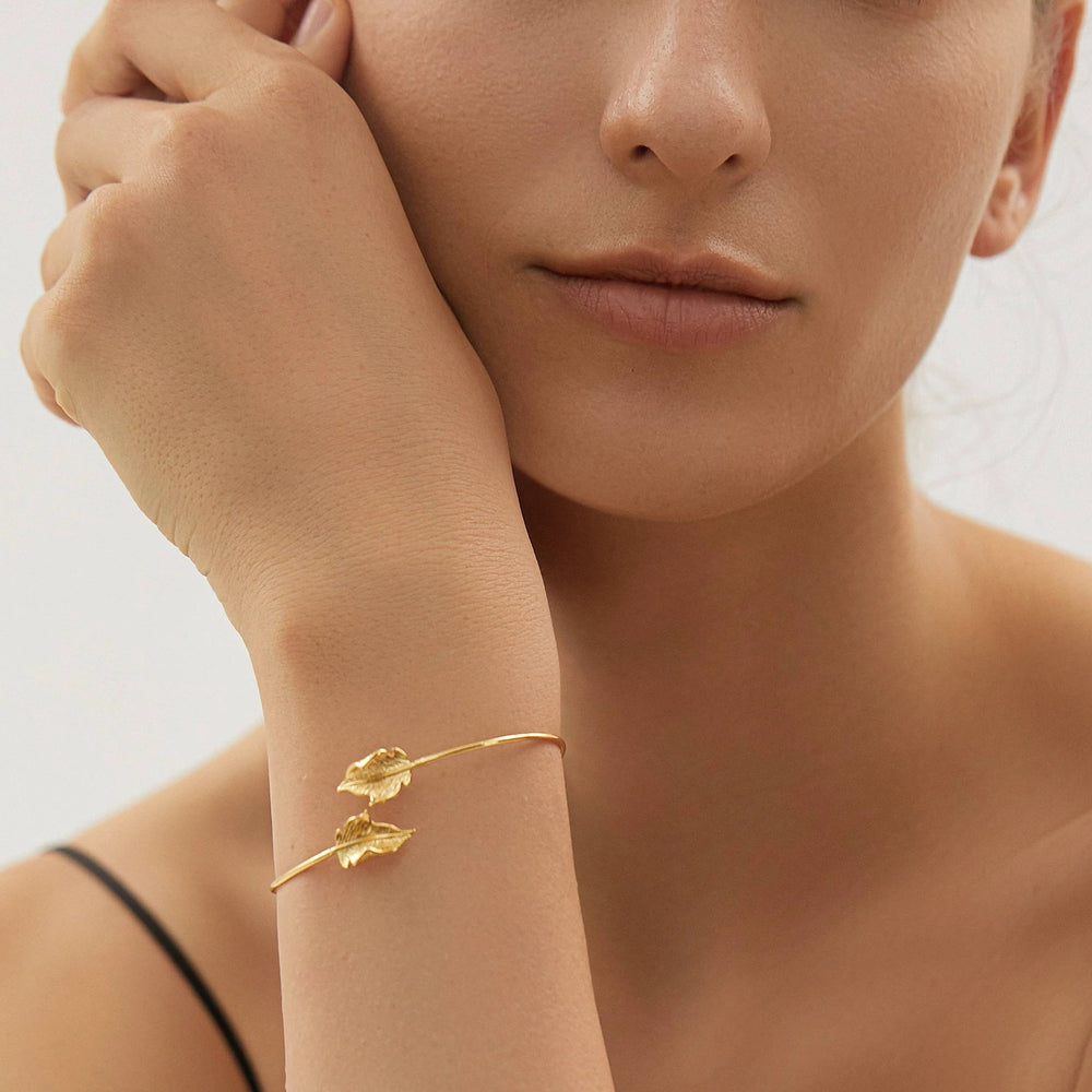 Gold Leaf Bracelet, Non Tarnish Gold Open Bangle Bracelet