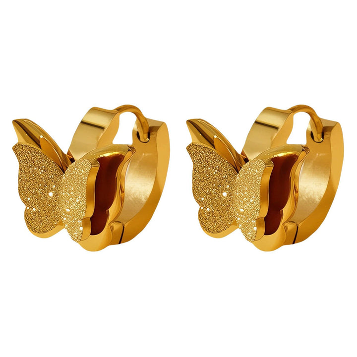 Pair of gold-plated stainless steel butterfly hoop earrings with textured wings and hinged closures