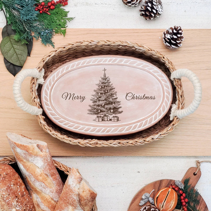 Handmade Bread Warmer & Wicker Basket - Christmas Oval