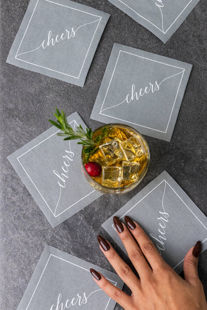 Cotton Cocktail Napkin Roll - Silver Fox White "Cheers" Entertaining Essentials Toasting With Tara