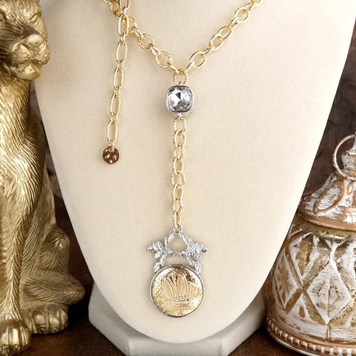 Two Tone Regal Crest Coin Crystal Lariat Necklace Gold Silver Tone
