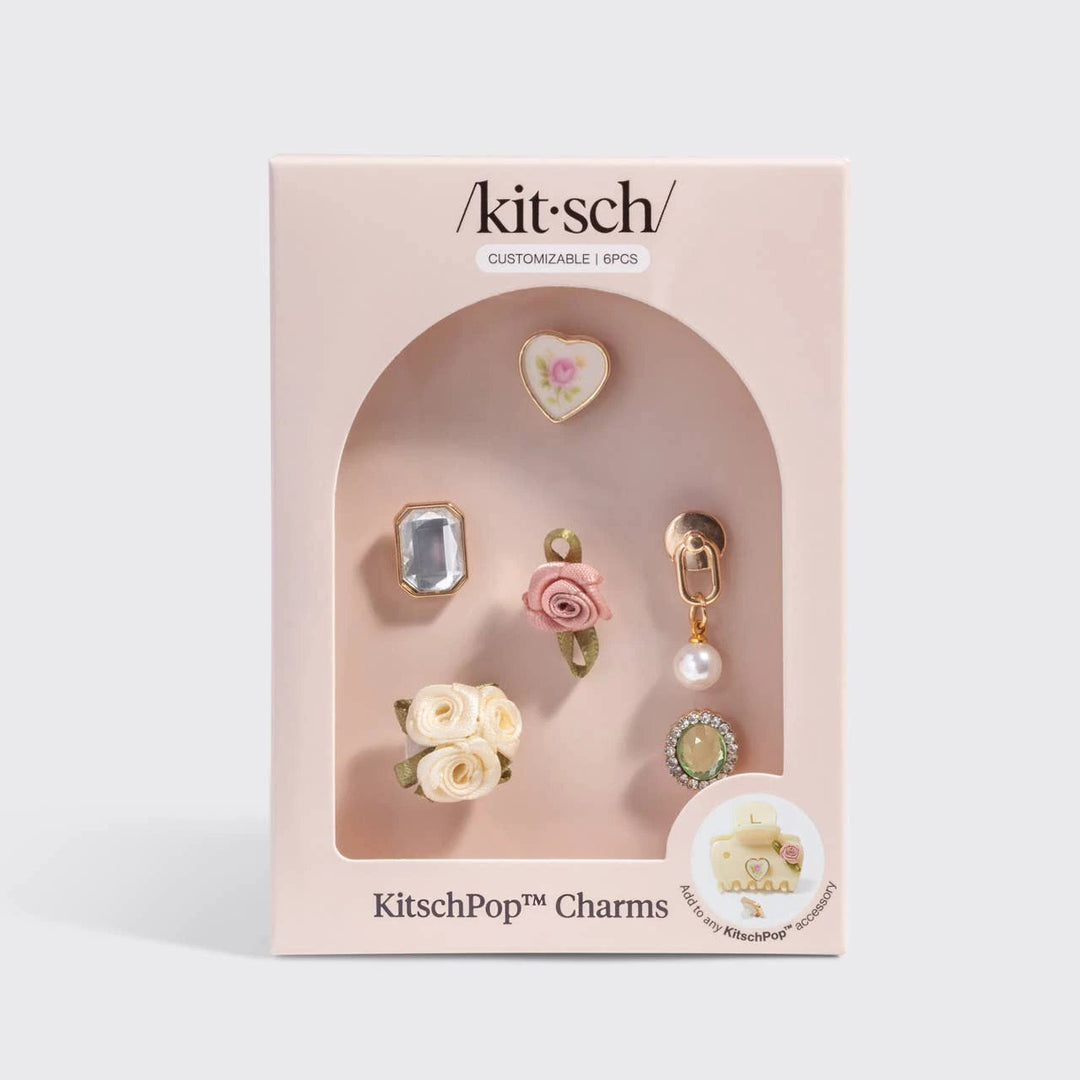 KitschPop Charms 6pc set in vintage ivory; heart floral, pale gem, pink rose, white roses, pearl drop, rhinestone charm by KITSCH