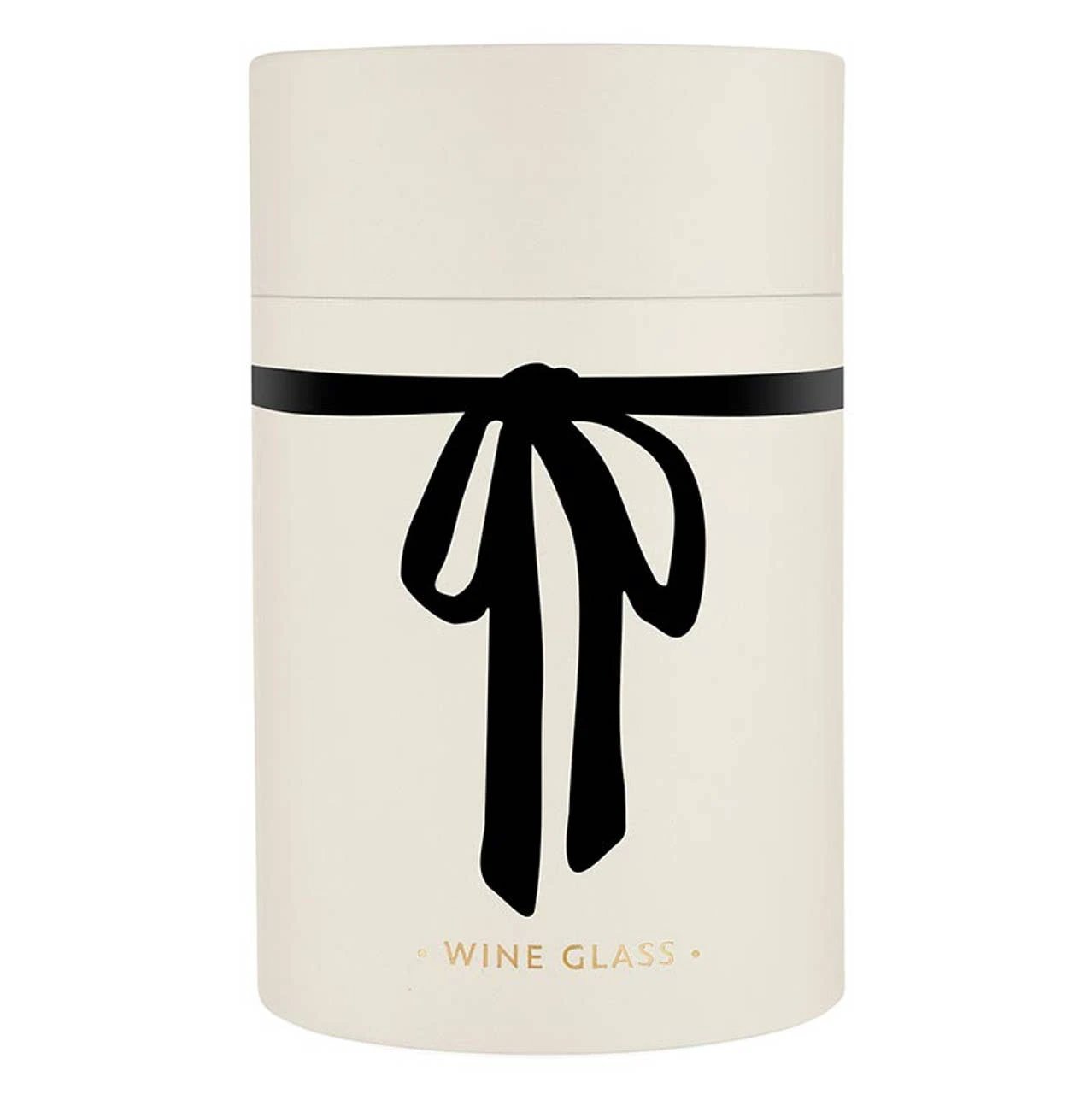 Cream cylindrical gift box featuring a bold black bow around the middle and gold 'WINE GLASS' text at the base.