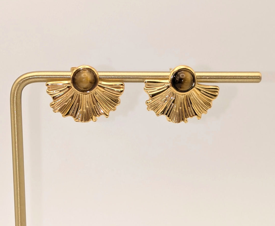 Medium Fan Earrings - Vintage Style Gold Tiger Eye Earrings