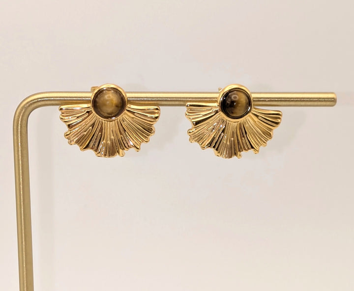 Medium Fan Earrings - Vintage Style Gold Tiger Eye Earrings