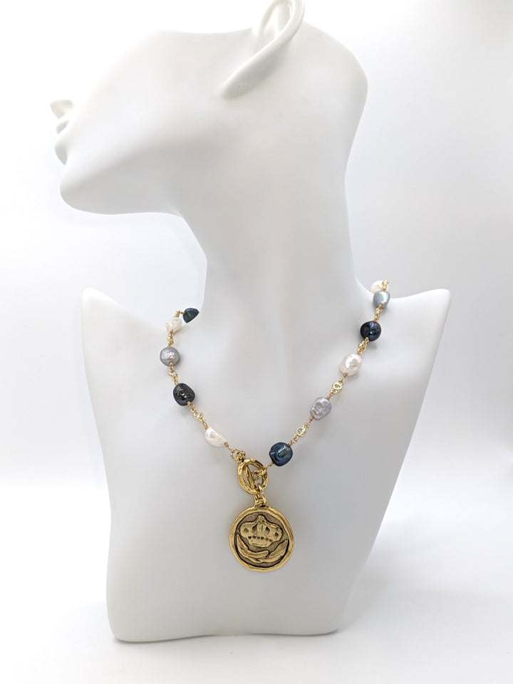 Denim pearl Bee medallion necklace VB&amp;CO Designs Handmade Jewelry