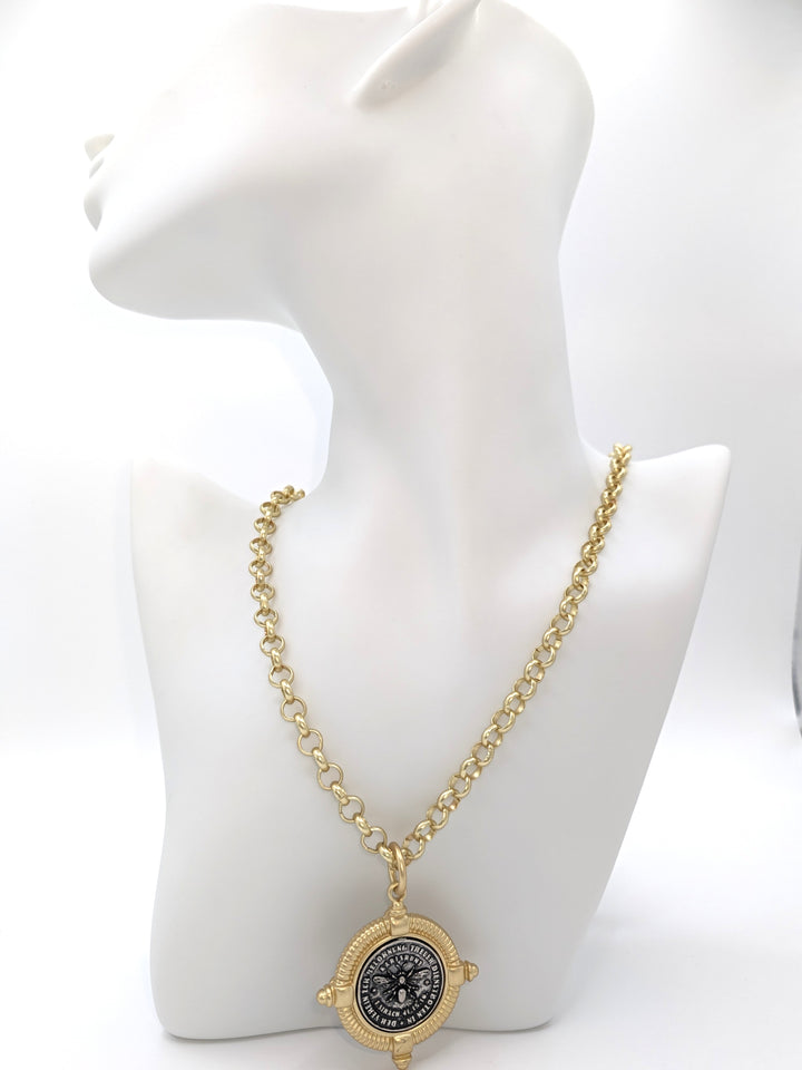 Bee necklace coin jewelry French matte gold boutique VB&amp;CO Designs Handmade Jewelry