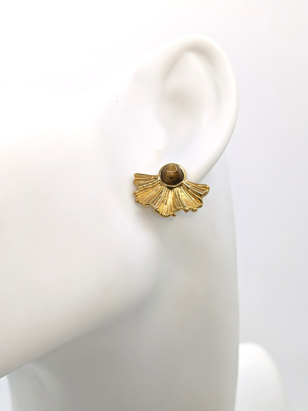 Medium Fan Earrings - Vintage Style Gold Tiger Eye Earrings Blueyejewelry