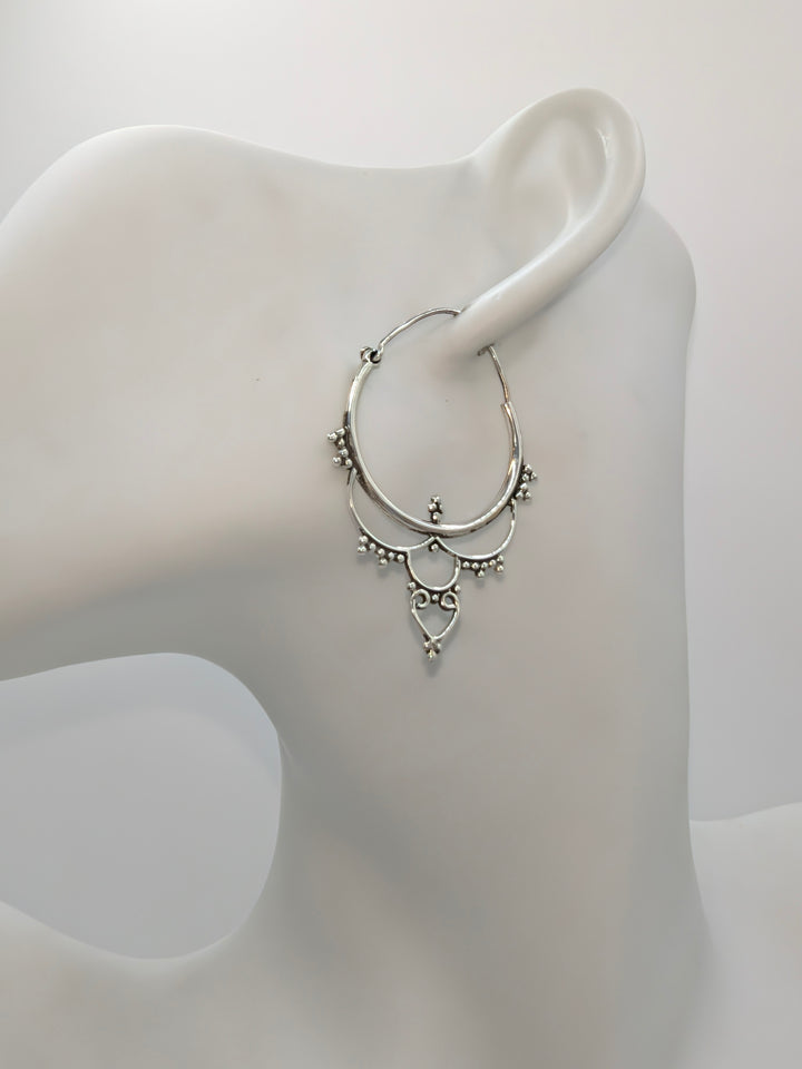 Sterling Silver Decorated Drop Hoop Earrings Baizaar