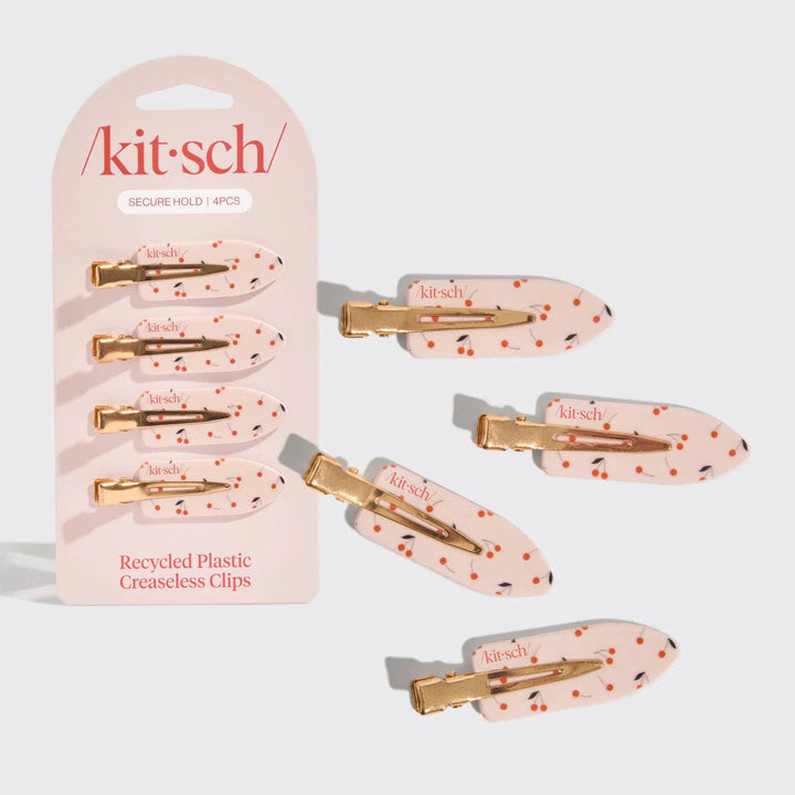 Recycled Plastic Creaseless Clips 4pc Set by Kitsch, cherry-print pink with gold-tone hardware