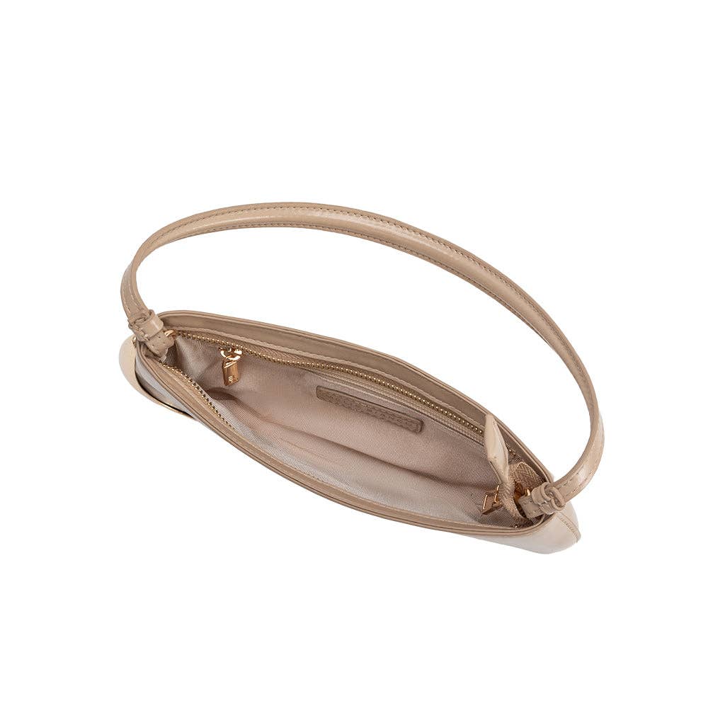 Nude vegan-leather shoulder bag with gold zipper, curved oval shape, single shoulder strap, beige lining and zip pocket.