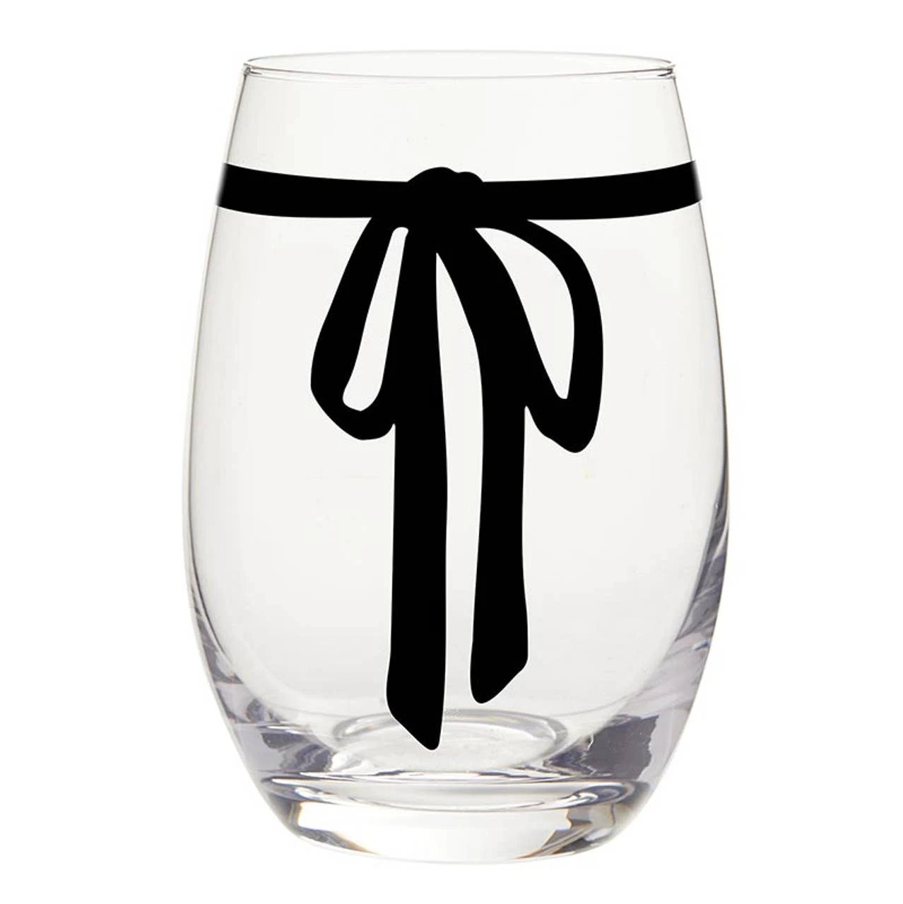 Clear stemless wine glass featuring a bold black ribbon bow around the upper body.