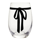 Clear stemless wine glass featuring a bold black ribbon bow around the upper body.