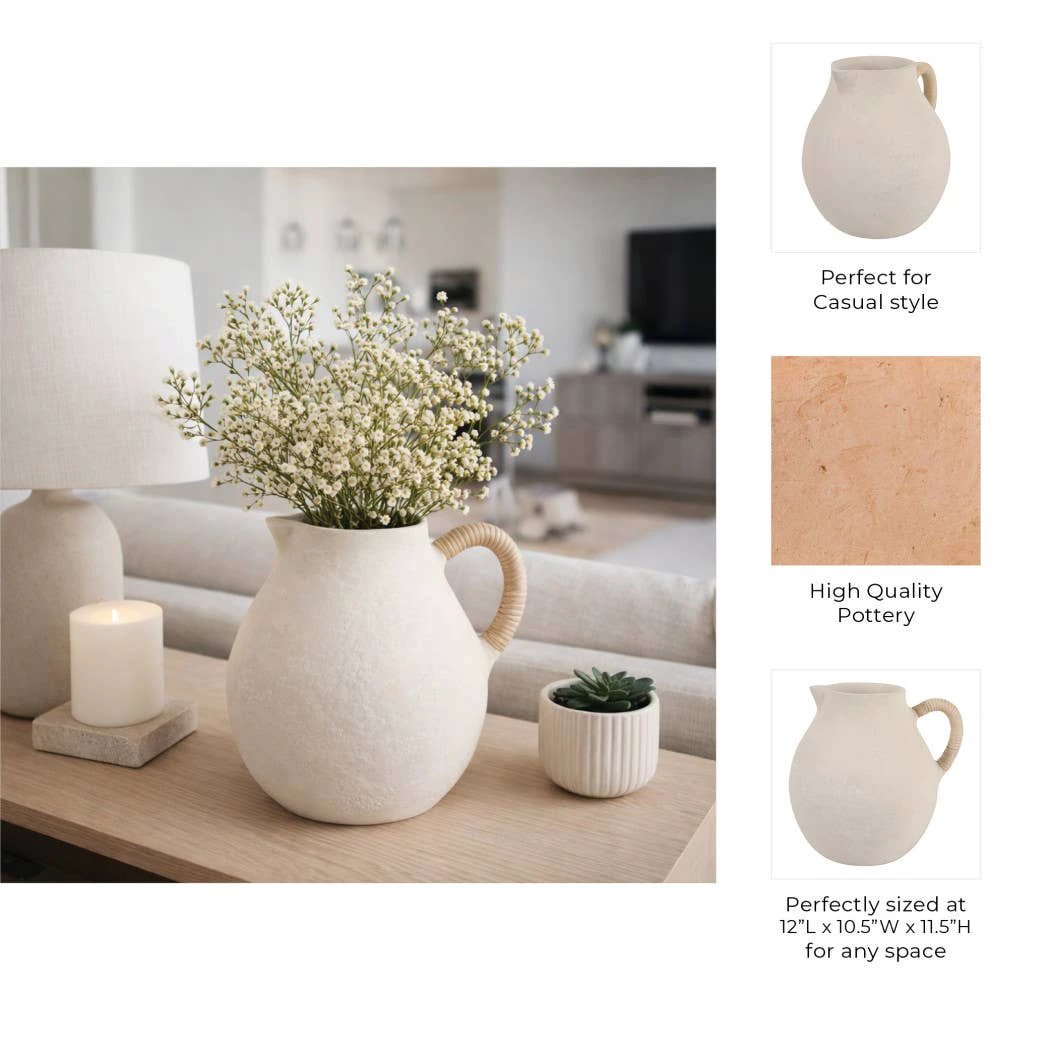 Vase - Ivory Pottery Paper Mache with Rattan Handle, 12 in Sagebrook Home