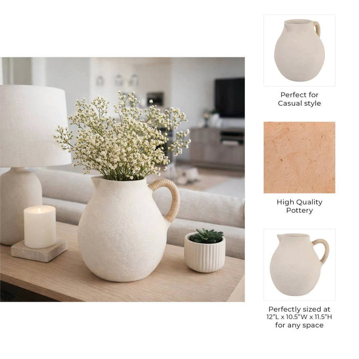 Vase - Ivory Pottery Paper Mache with Rattan Handle, 12 in Sagebrook Home