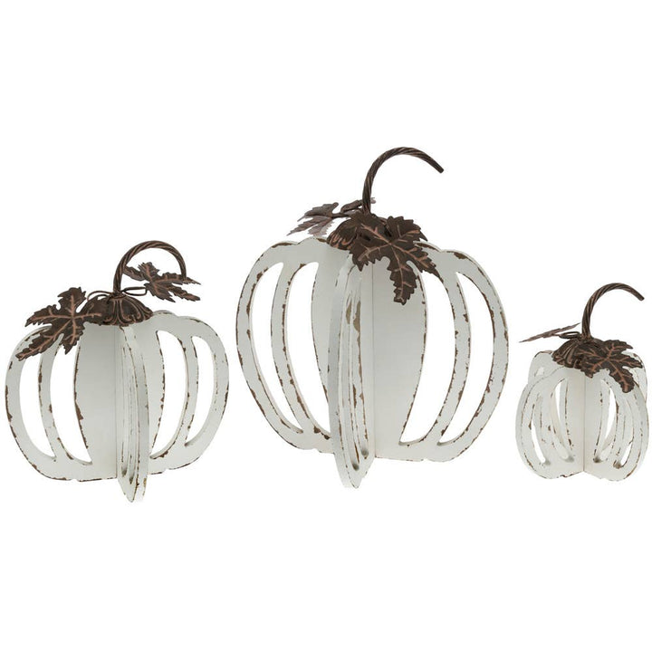 White Wood Pumpkins Set Of 3 W/ Metal Handles Fall