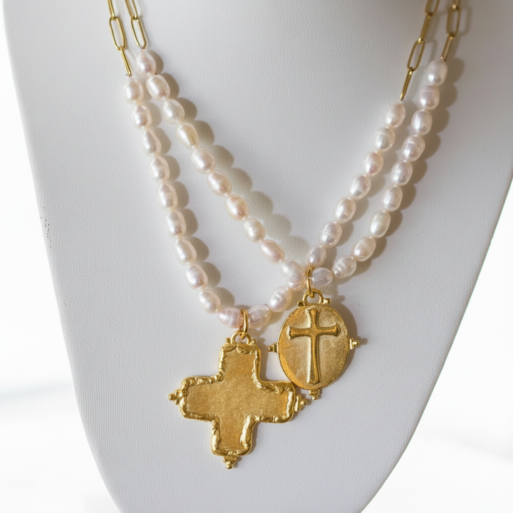 Pearl Cross Necklace 14K Gold Plated Freshwater Pearl