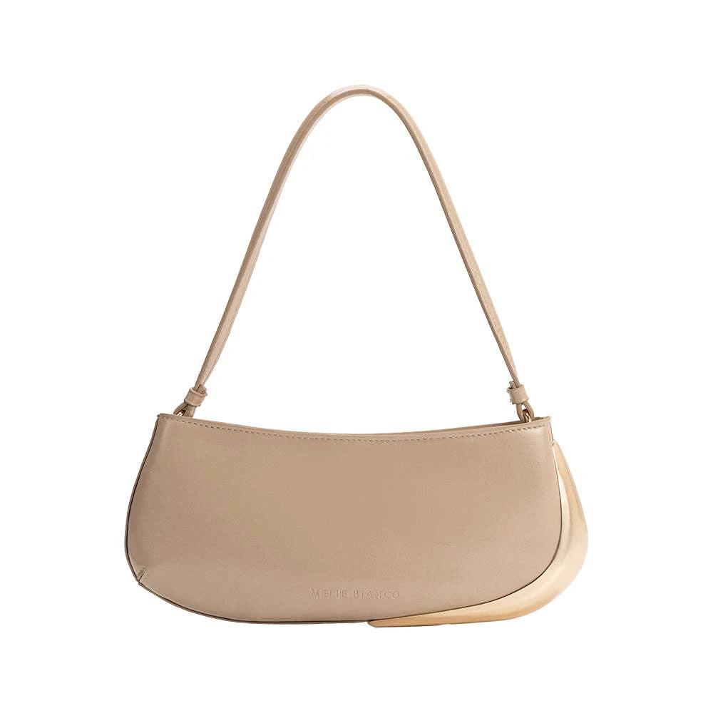 Beige crescent-shaped shoulder bag in smooth recycled vegan leather with a long single strap.