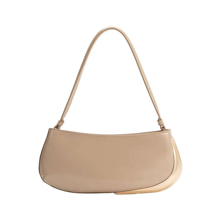 Beige crescent-shaped shoulder bag in smooth recycled vegan leather with a long single strap.