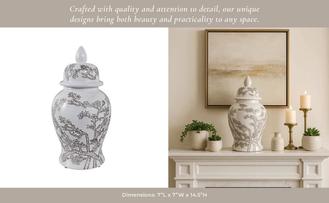 Temple Jar - White/Brown Ceramic Cherry Blossom, 15 in. Sagebrook Home