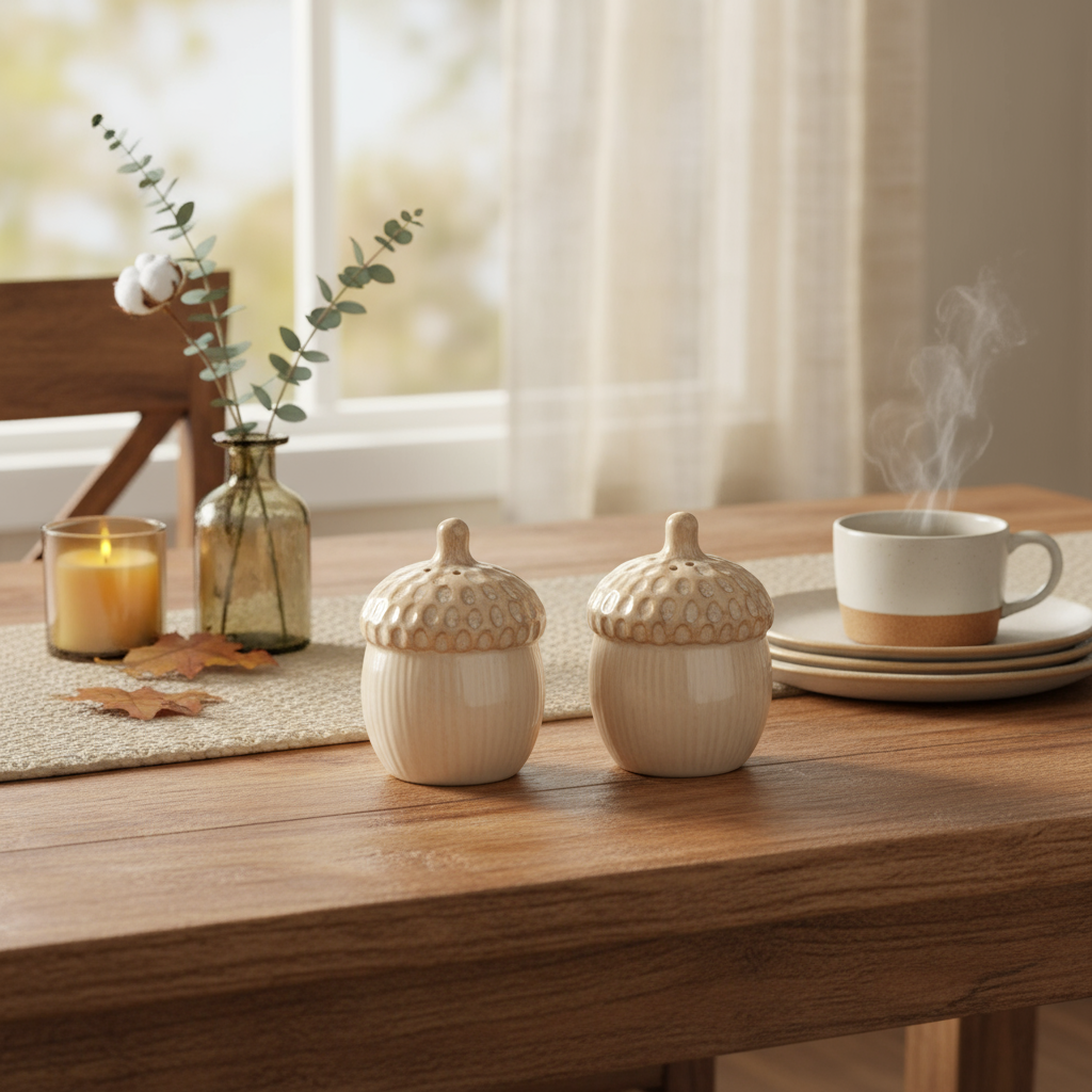 Acorn Stoneware Salt & Pepper Set with cozy home backdrop