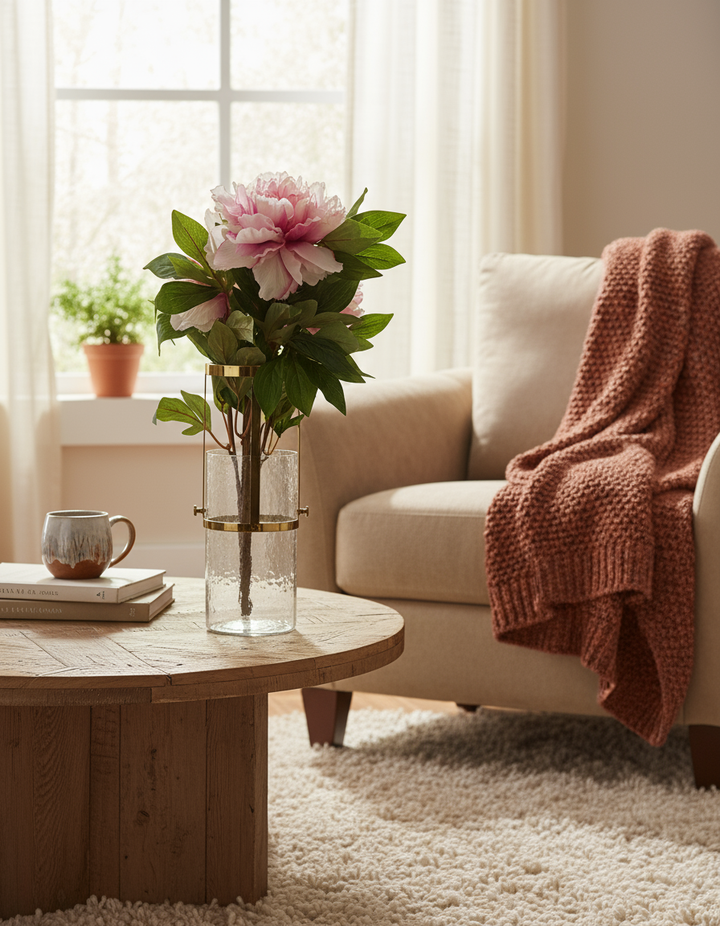 Adjustable Glass/metal Vase with cozy home backdrop