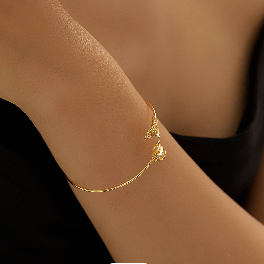 Gold Leaf Bracelet, Non Tarnish Gold Open Bangle Bracelet