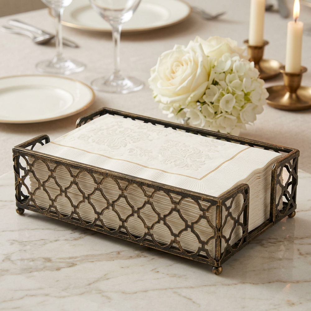 Antique brass trellis caddy with ivory napkins in a luxe marble entertaining setting
