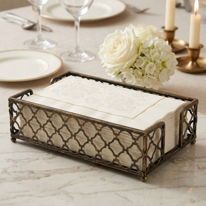 Antique brass trellis caddy with ivory napkins in a luxe marble entertaining setting