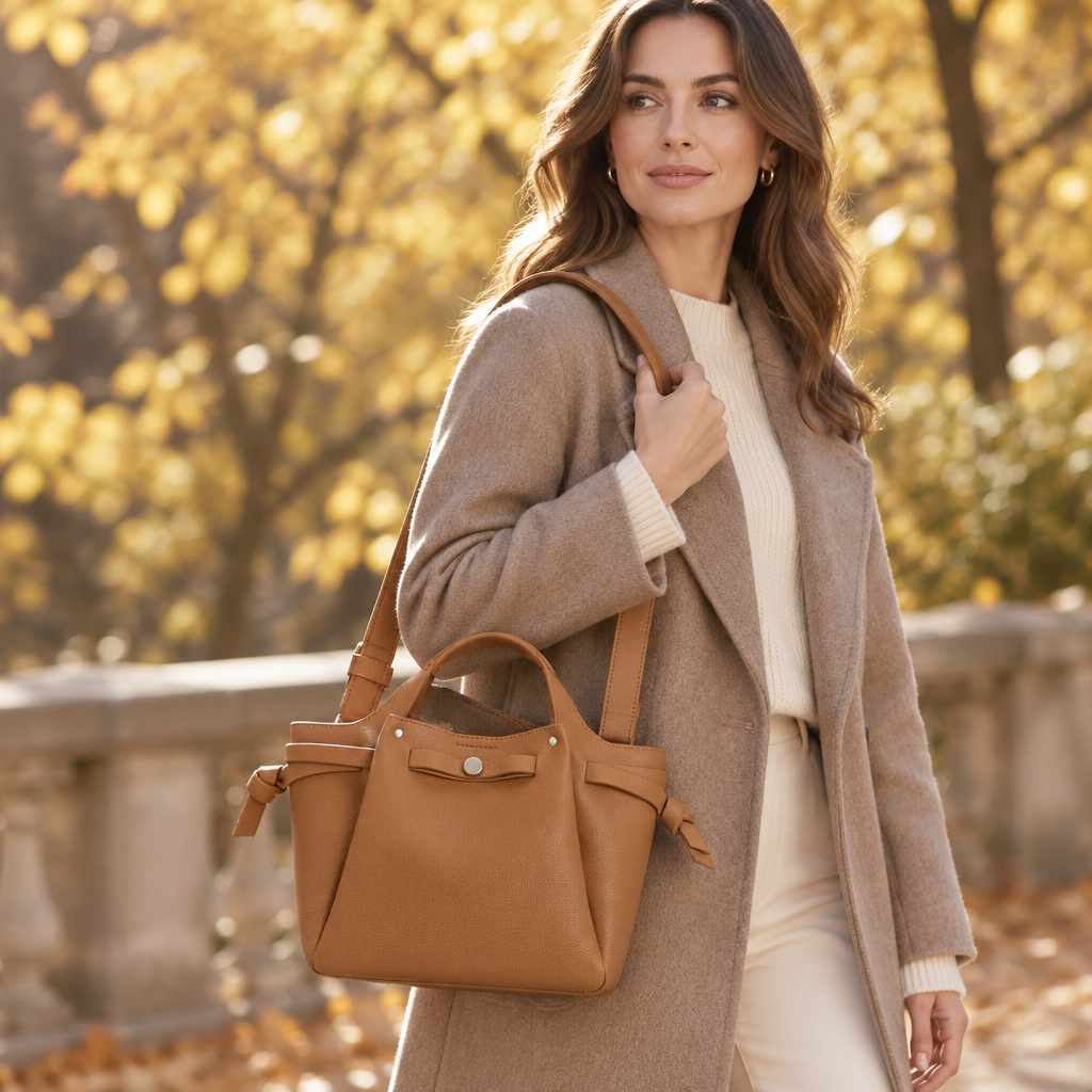Avril Caramel bag worn on a woman’s shoulder in a fall setting