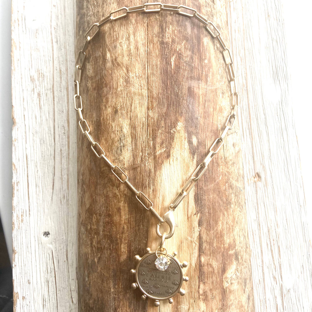 Matte Gold French Bee Coin Medallion Boutique Jewelry