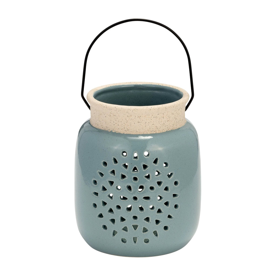 Ceramic Flower Cut Out Lantern with Handle - Blue, 6 in. Sagebrook Home