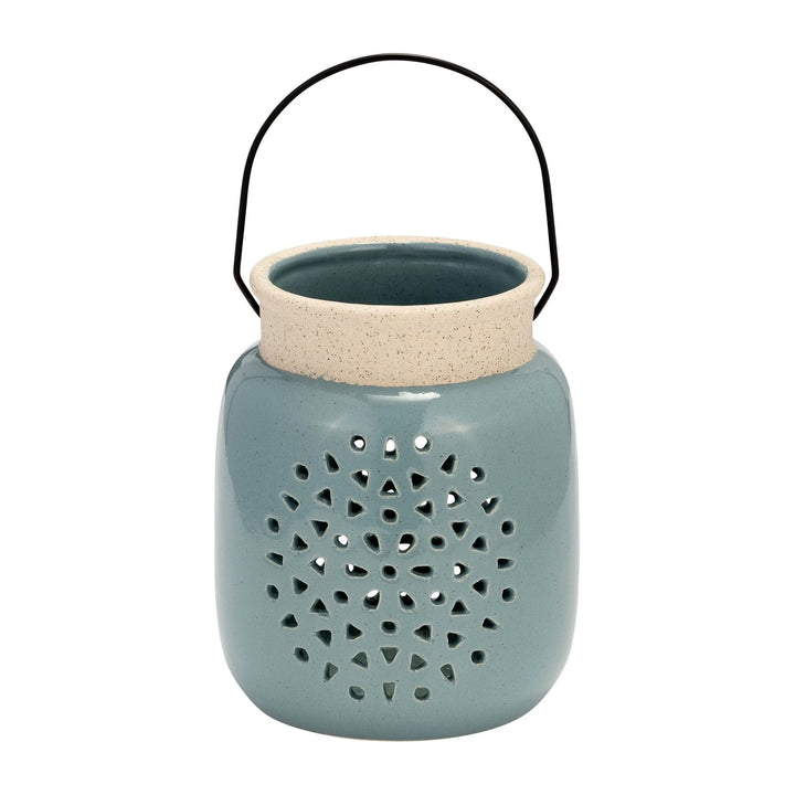 Ceramic Flower Cut Out Lantern with Handle - Blue, 6 in. Sagebrook Home