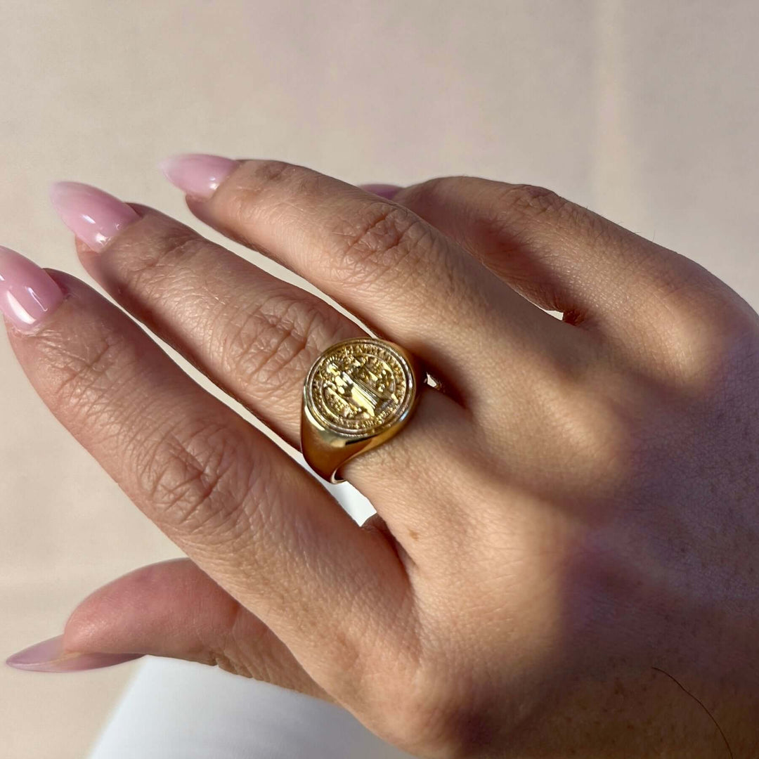18k Gold Filled Saint Benedict Signet Ring GoldFi