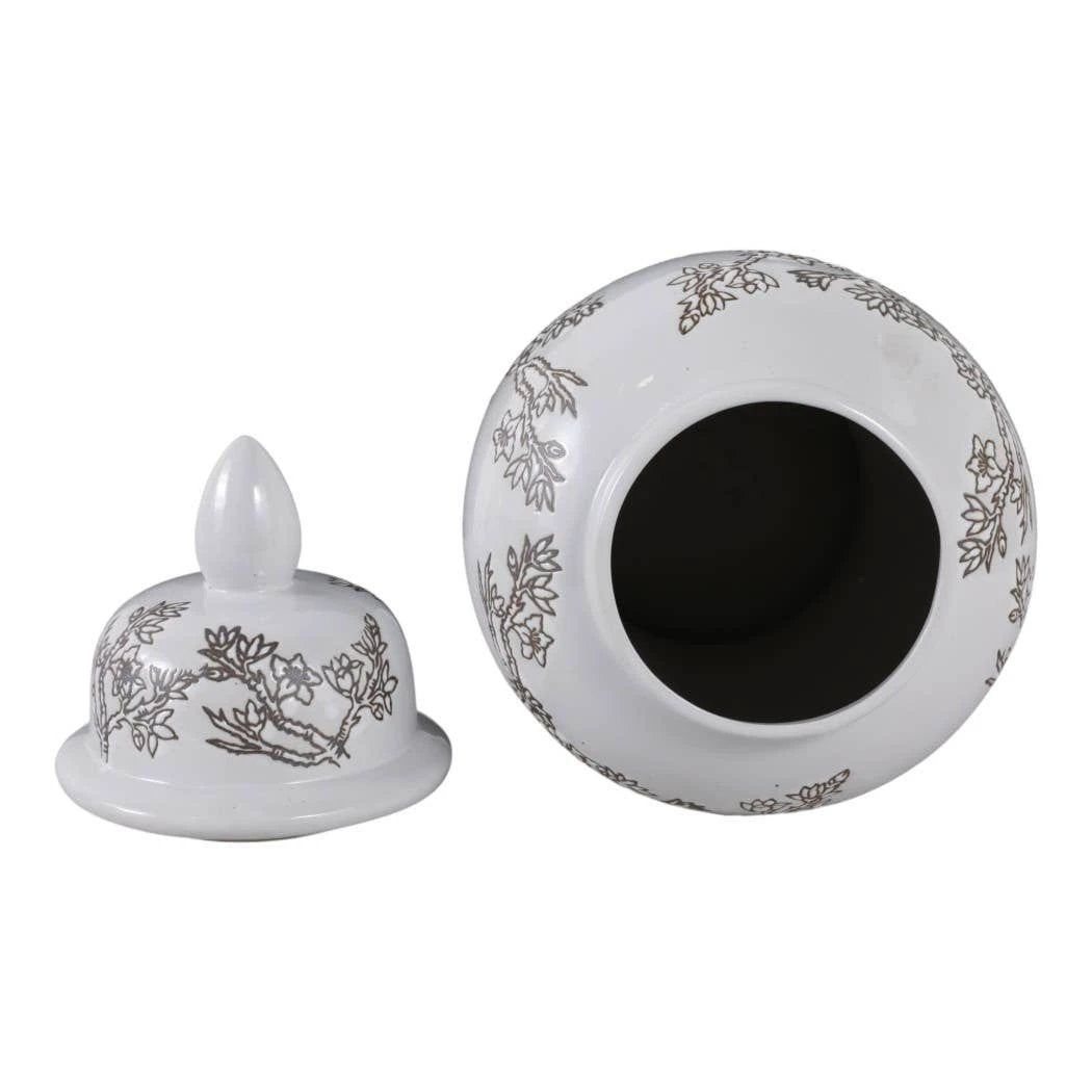 Temple Jar - White/Brown Ceramic Cherry Blossom, 15 in. Sagebrook Home