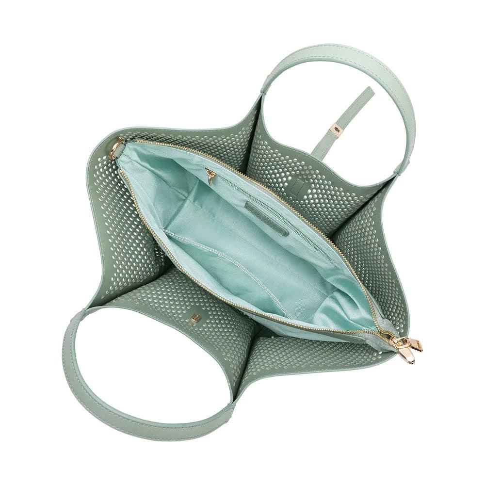 Malia Sage Laser Cut Vegan Leather Tote Bag by Melie Bianco, sage green with gold-tone hardware