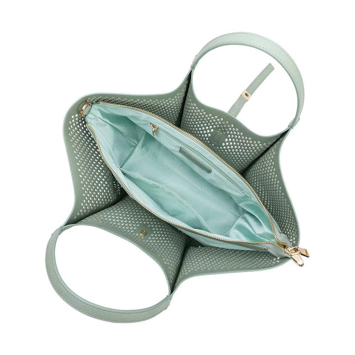 Malia Sage Laser Cut Vegan Leather Tote Bag by Melie Bianco, sage green with gold-tone hardware