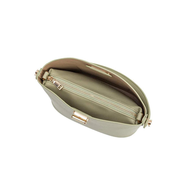 Mint green recycled vegan leather crossbody bag, open view showing gold-tone zipper pocket and beige interior.