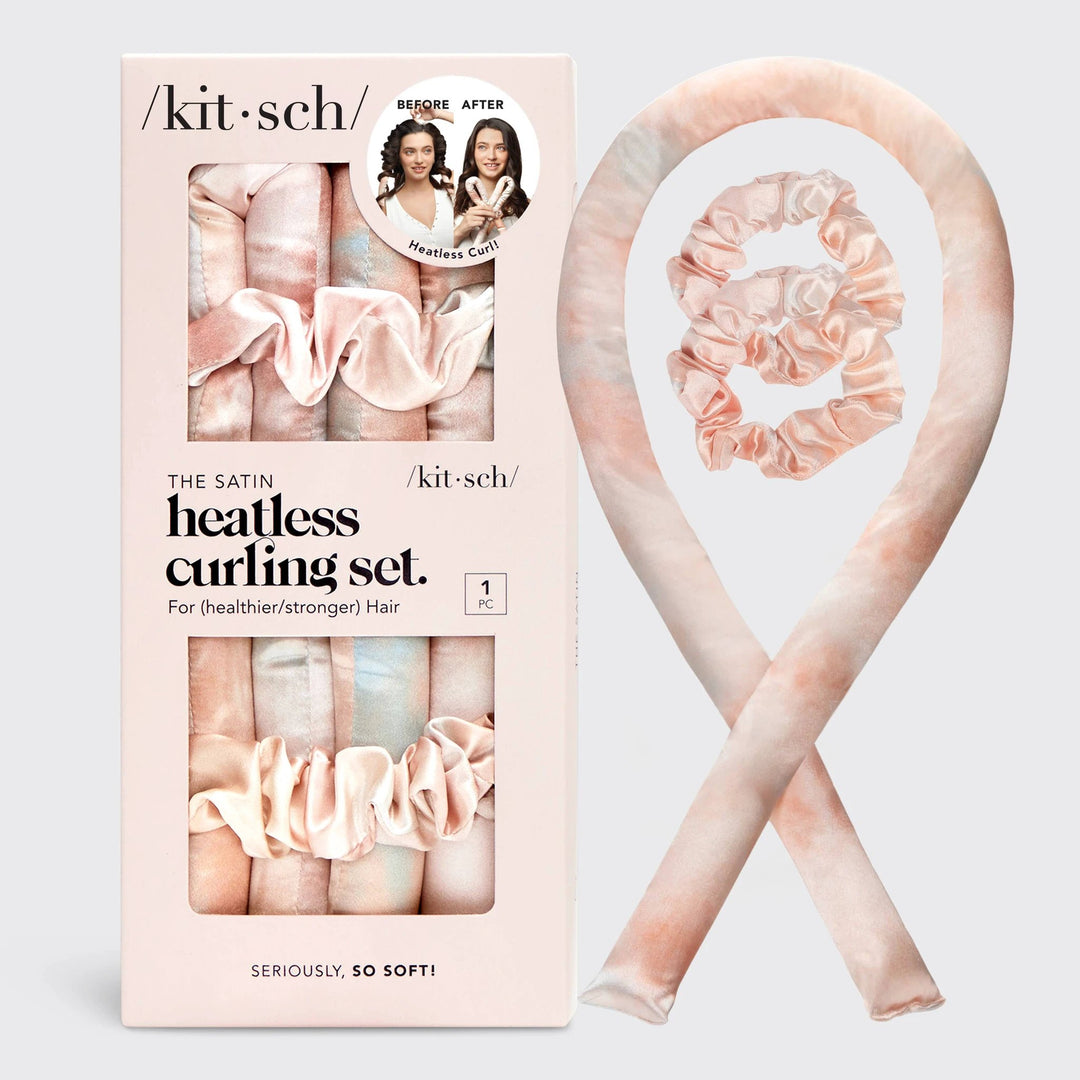 Kitsch Satin Heatless Curling Set in Sunset Tie Dye with pink satin headband and scrunchie