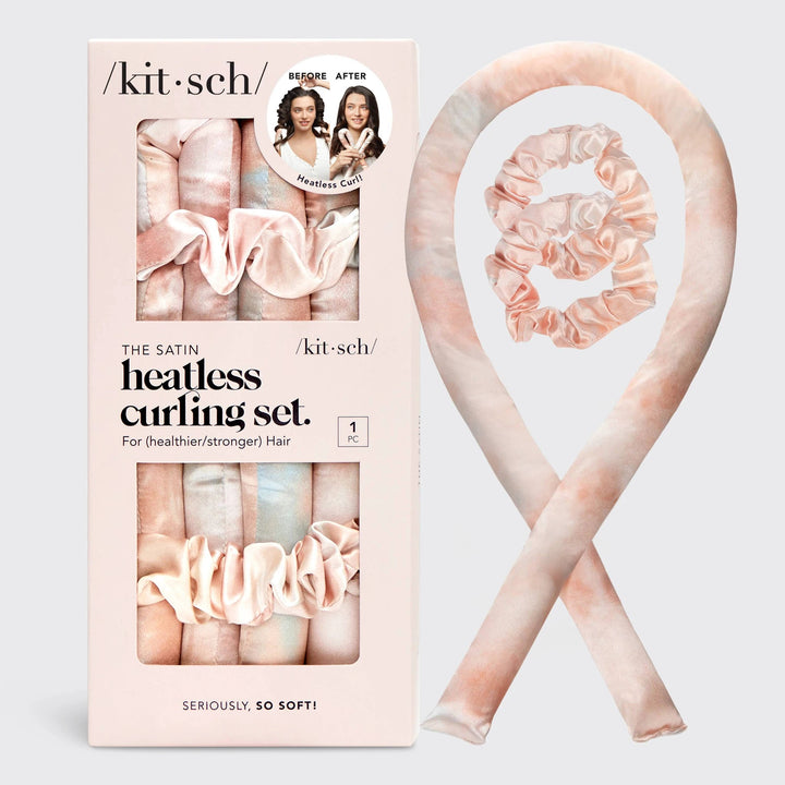 Kitsch Satin Heatless Curling Set in Sunset Tie Dye with pink satin headband and scrunchie