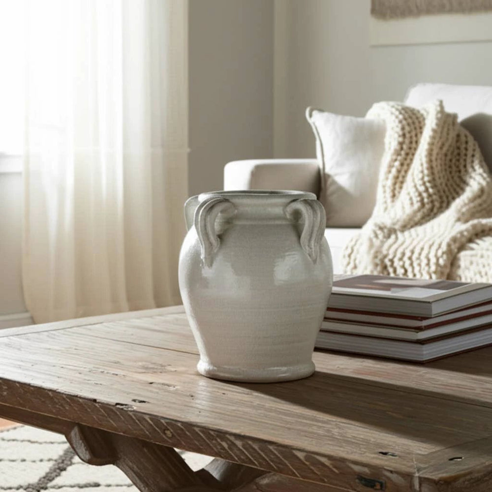 White 9 in. Terracotta Crackle Amphora Vase with Handles Sagebrook Home