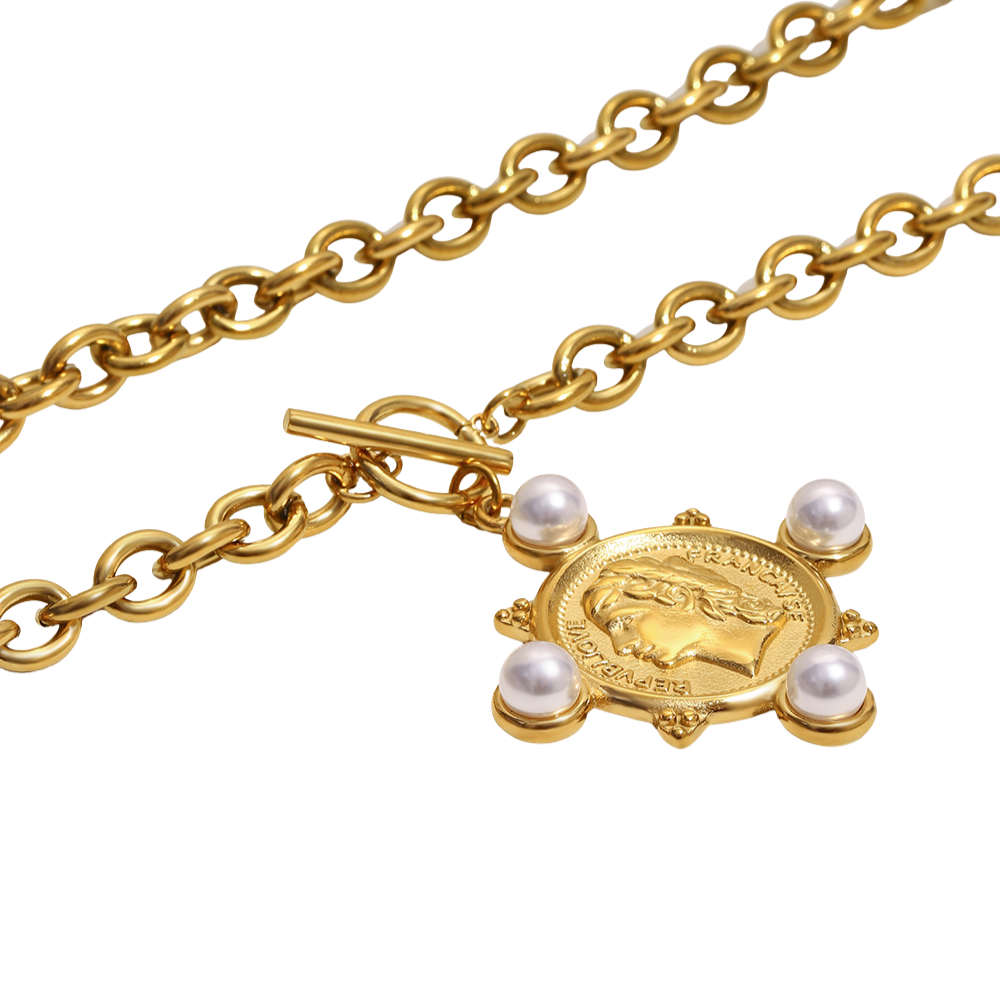 Coin &amp; Pearl Medallion Necklace - Stainless Steel