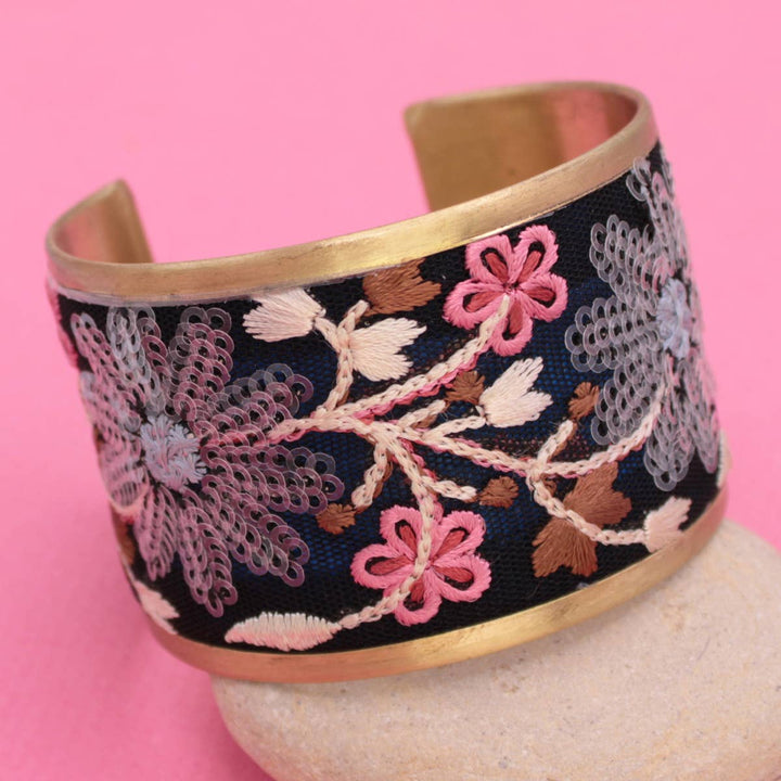 Black & Pink Embroidered Cuff Bracelet