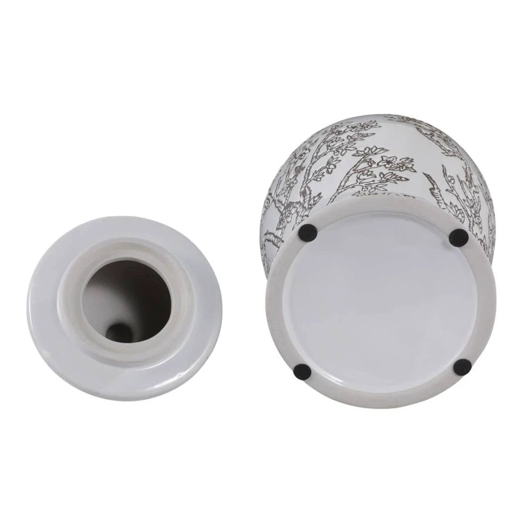 Temple Jar - White/Brown Ceramic Cherry Blossom, 15 in. Sagebrook Home