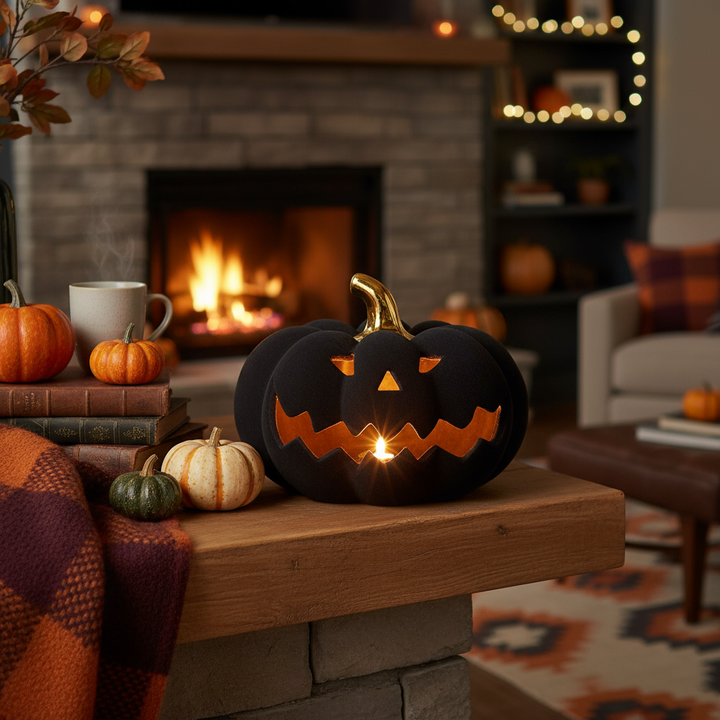 Black Flocked Velvet Jack O Lantern with home backdrop