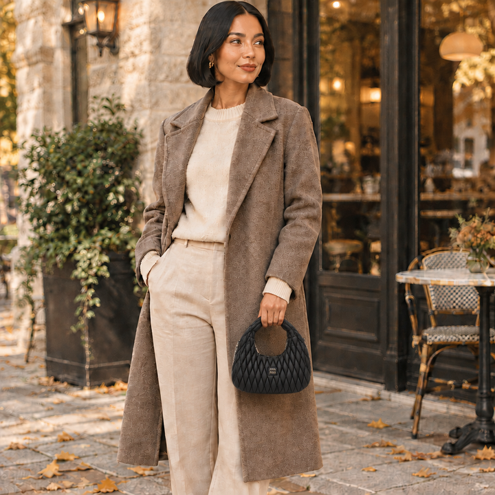 Black quilted bag in a fall café lifestyle photo