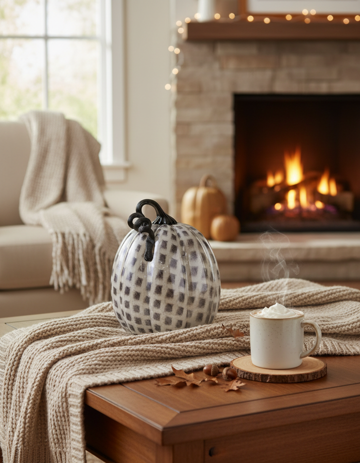 Black & White Check Glass Pumpkin with cozy home backdrop