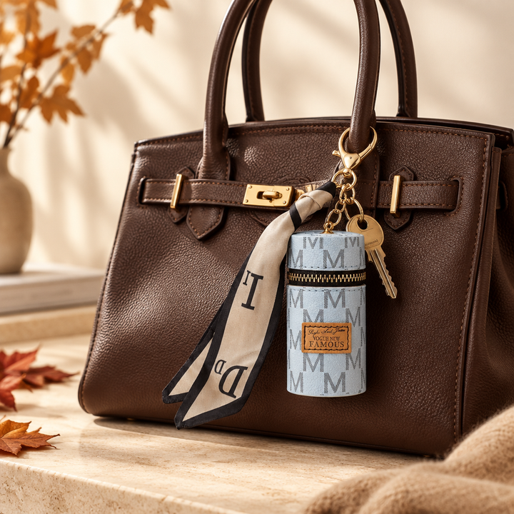 Blue Mini Bucket Coin Purse on a fall handbag with keys