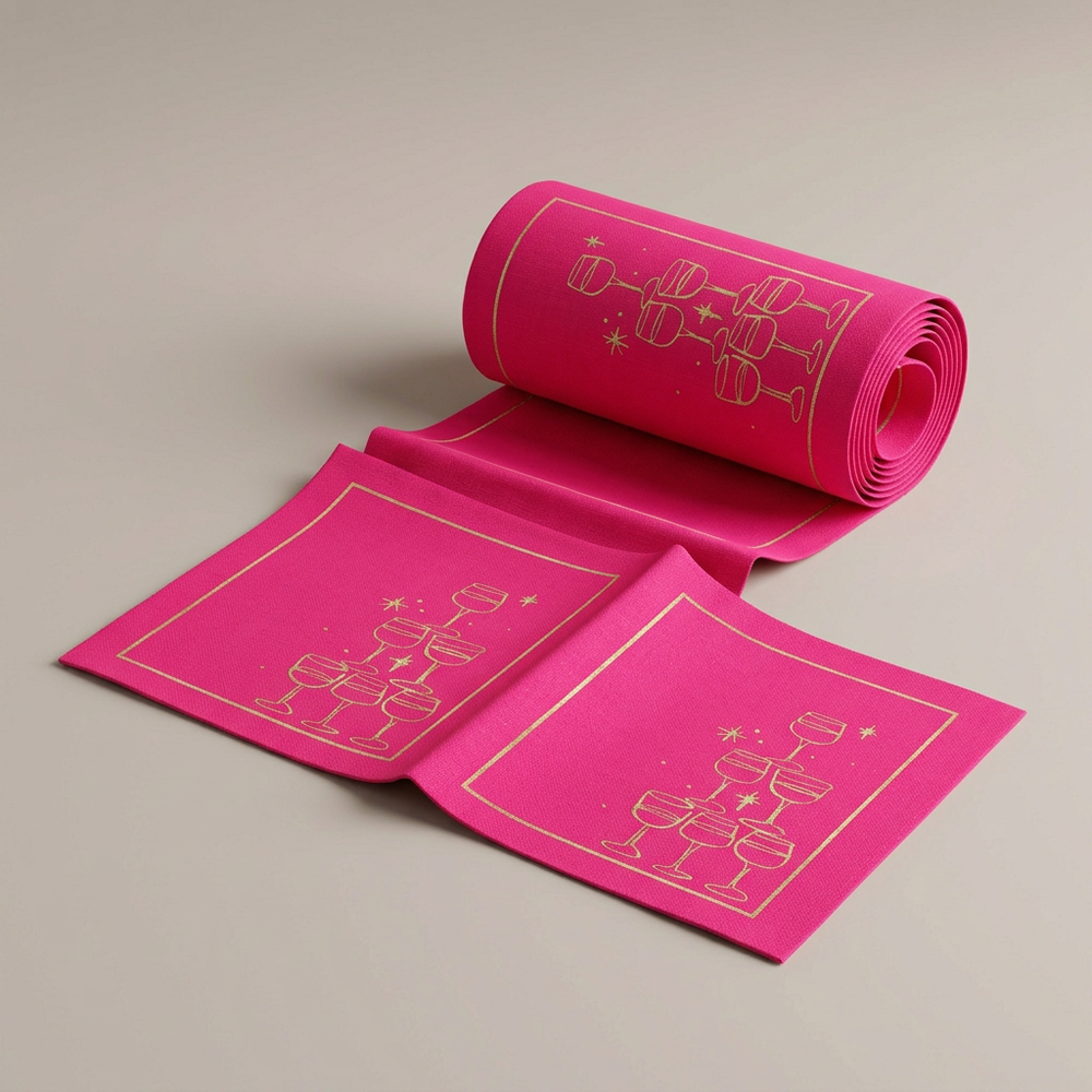 Blush Bubbles napkins partly unrolled on a warm greige background