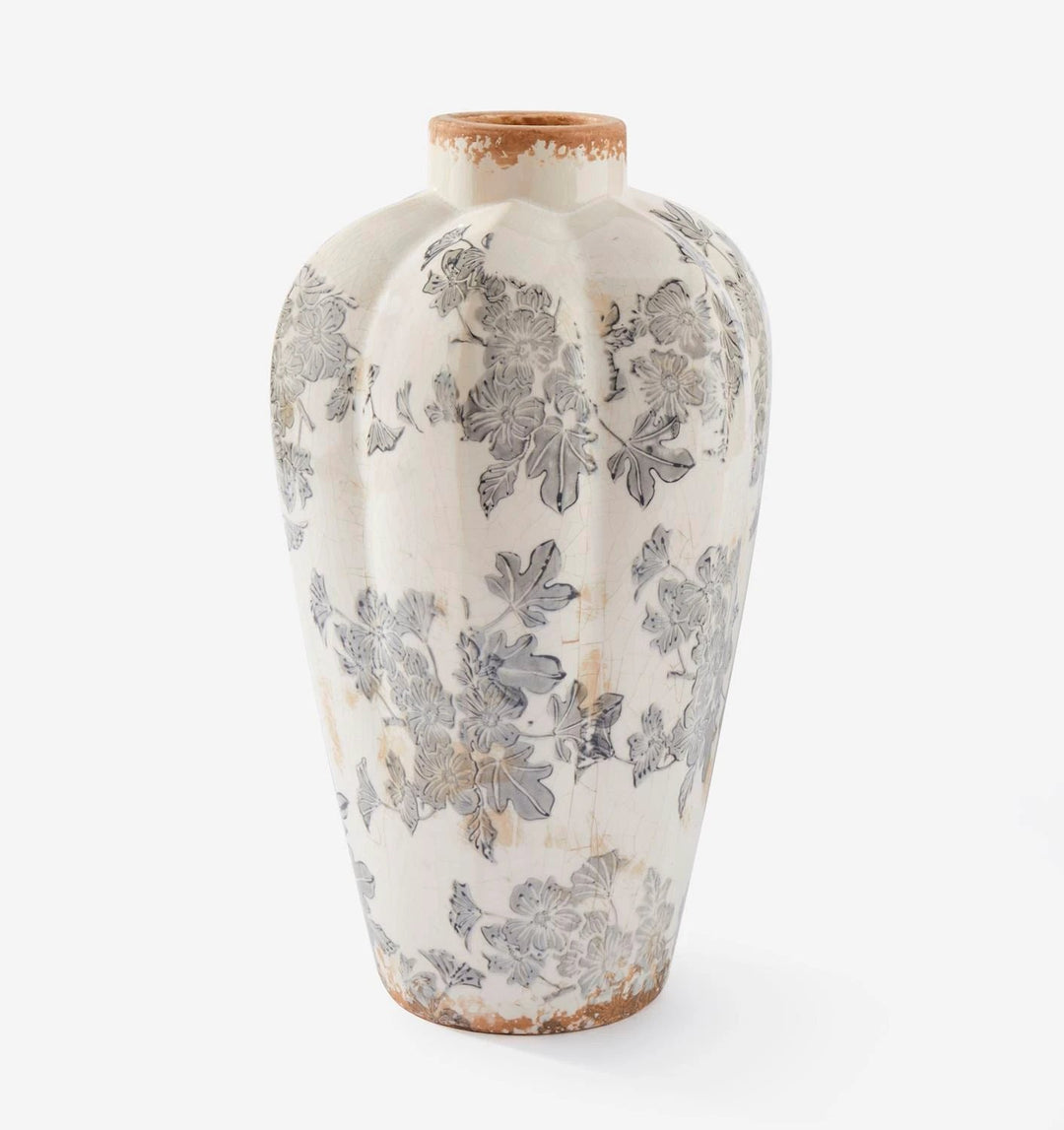 Antique Botanical Vase, cream ceramic with grey floral pattern and brown rim